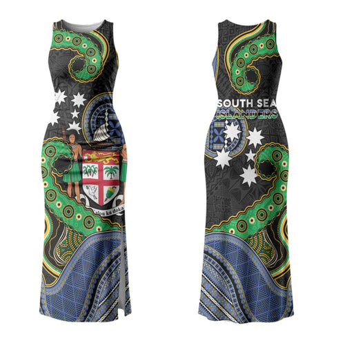 South Sea Islanders And Fiji Couples Matching Tank Maxi Dress and Long Sleeve Button Shirt Fijian Coat Of Arms And Southern Cross