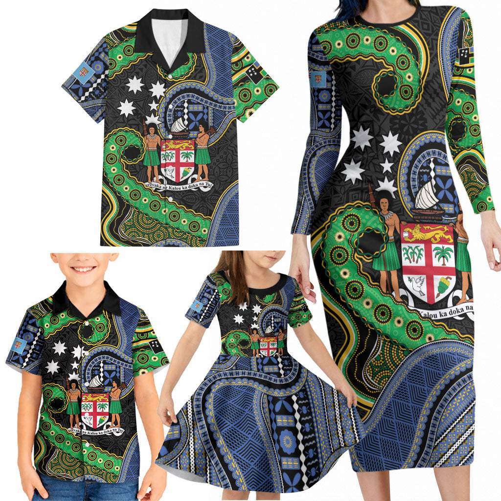 South Sea Islanders And Fiji Family Matching Long Sleeve Bodycon Dress and Hawaiian Shirt Fijian Coat Of Arms And Southern Cross