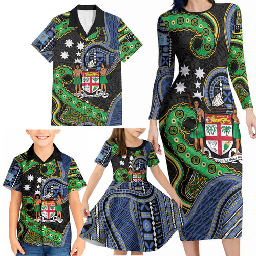 South Sea Islanders And Fiji Family Matching Long Sleeve Bodycon Dress and Hawaiian Shirt Fijian Coat Of Arms And Southern Cross