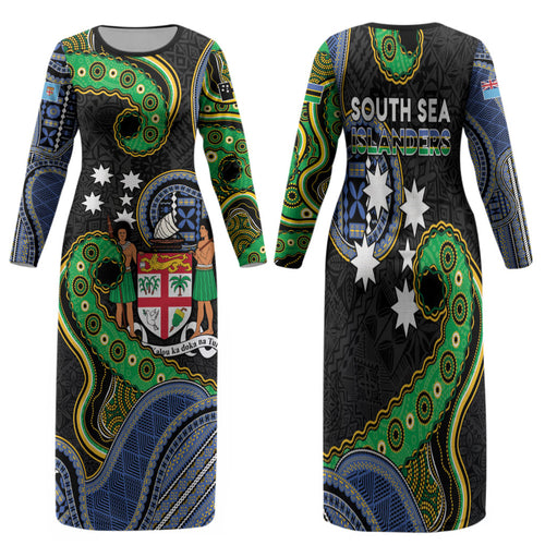 South Sea Islanders And Fiji Family Matching Long Sleeve Bodycon Dress and Hawaiian Shirt Fijian Coat Of Arms And Southern Cross