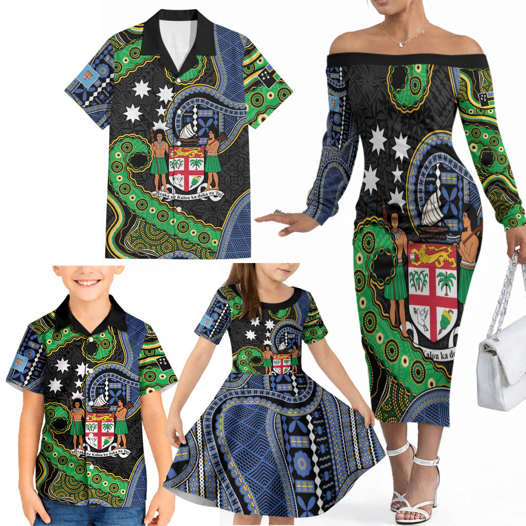 South Sea Islanders And Fiji Family Matching Off The Shoulder Long Sleeve Dress and Hawaiian Shirt Fijian Coat Of Arms And Southern Cross