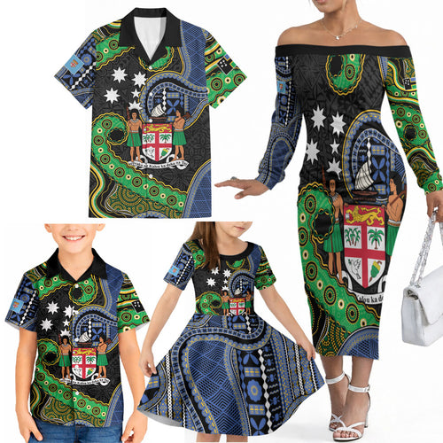 South Sea Islanders And Fiji Family Matching Off The Shoulder Long Sleeve Dress and Hawaiian Shirt Fijian Coat Of Arms And Southern Cross