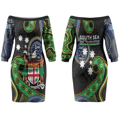 South Sea Islanders And Fiji Family Matching Off The Shoulder Long Sleeve Dress and Hawaiian Shirt Fijian Coat Of Arms And Southern Cross