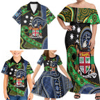 South Sea Islanders And Fiji Family Matching Off Shoulder Maxi Dress and Hawaiian Shirt Fijian Coat Of Arms And Southern Cross
