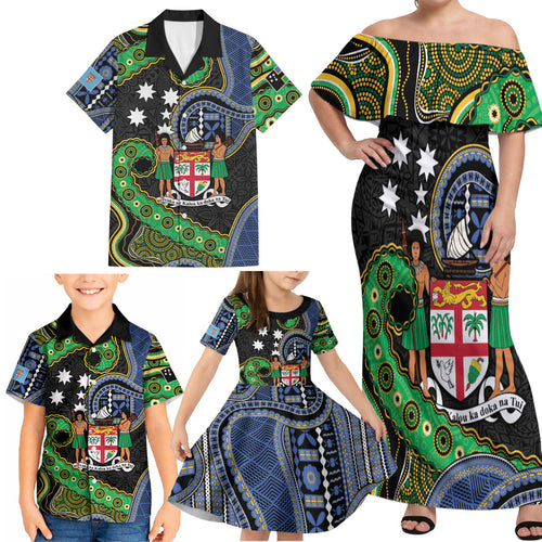 South Sea Islanders And Fiji Family Matching Off Shoulder Maxi Dress and Hawaiian Shirt Fijian Coat Of Arms And Southern Cross
