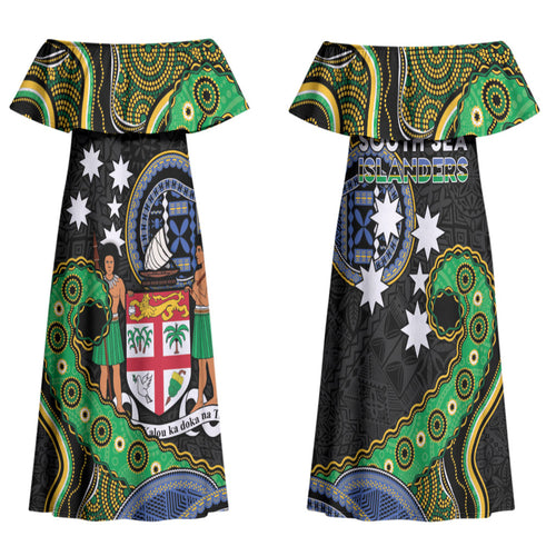 South Sea Islanders And Fiji Family Matching Off Shoulder Maxi Dress and Hawaiian Shirt Fijian Coat Of Arms And Southern Cross