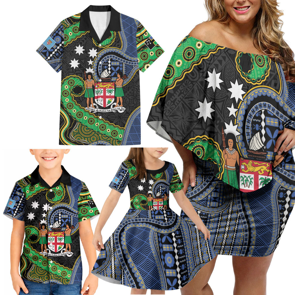 South Sea Islanders And Fiji Family Matching Off Shoulder Short Dress and Hawaiian Shirt Fijian Coat Of Arms And Southern Cross
