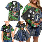 South Sea Islanders And Fiji Family Matching Off Shoulder Short Dress and Hawaiian Shirt Fijian Coat Of Arms And Southern Cross