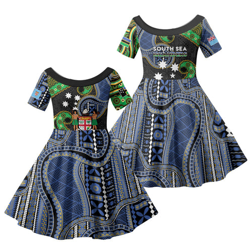 South Sea Islanders And Fiji Family Matching Off Shoulder Short Dress and Hawaiian Shirt Fijian Coat Of Arms And Southern Cross