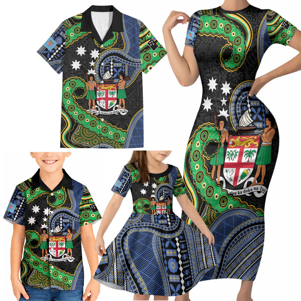 South Sea Islanders And Fiji Family Matching Short Sleeve Bodycon Dress and Hawaiian Shirt Fijian Coat Of Arms And Southern Cross