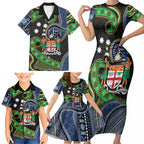 South Sea Islanders And Fiji Family Matching Short Sleeve Bodycon Dress and Hawaiian Shirt Fijian Coat Of Arms And Southern Cross