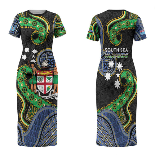 South Sea Islanders And Fiji Family Matching Short Sleeve Bodycon Dress and Hawaiian Shirt Fijian Coat Of Arms And Southern Cross