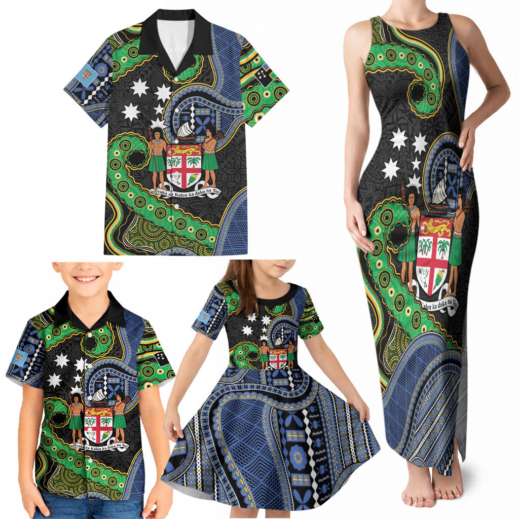 South Sea Islanders And Fiji Family Matching Tank Maxi Dress and Hawaiian Shirt Fijian Coat Of Arms And Southern Cross