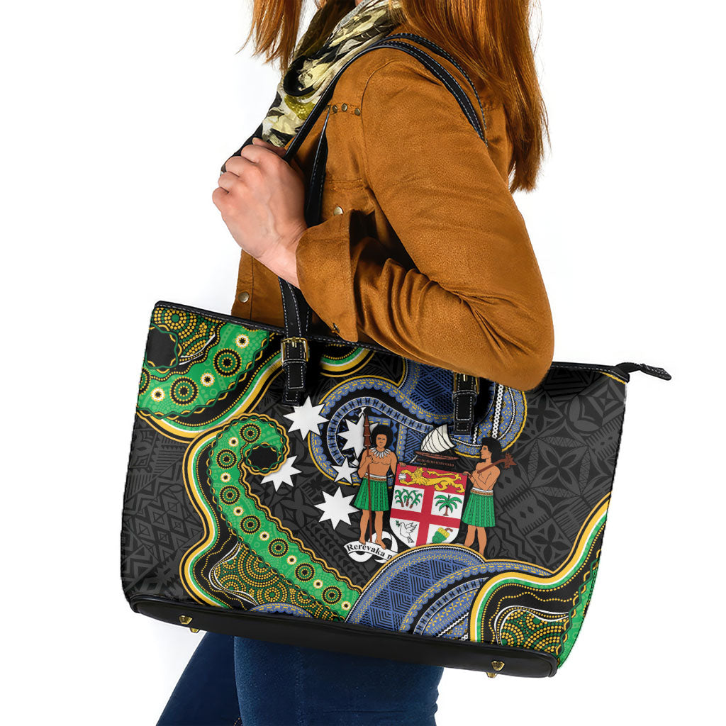 South Sea Islanders And Fiji Leather Tote Bag Fijian Coat Of Arms And Southern Cross