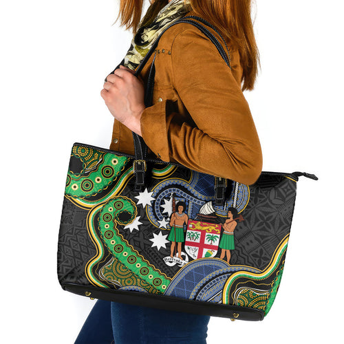 South Sea Islanders And Fiji Leather Tote Bag Fijian Coat Of Arms And Southern Cross