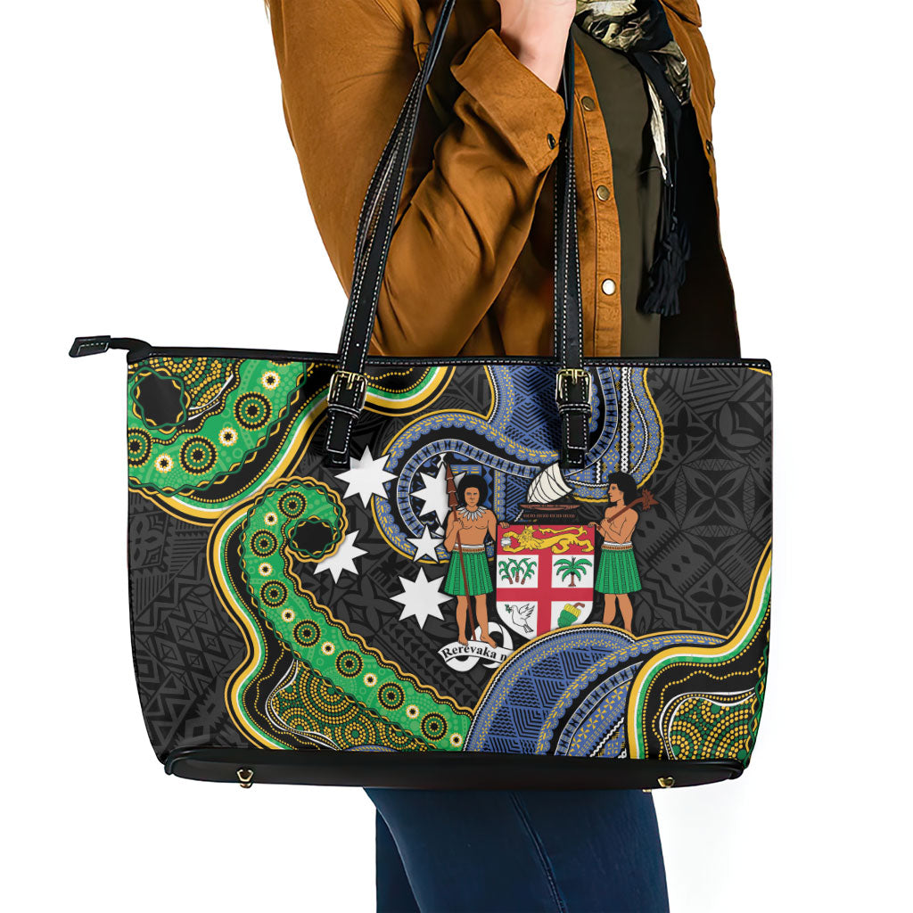 South Sea Islanders And Fiji Leather Tote Bag Fijian Coat Of Arms And Southern Cross