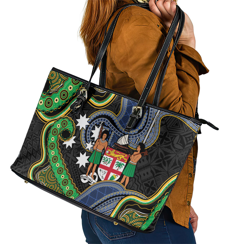 South Sea Islanders And Fiji Leather Tote Bag Fijian Coat Of Arms And Southern Cross