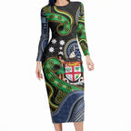 South Sea Islanders And Fiji Long Sleeve Bodycon Dress Fijian Coat Of Arms And Southern Cross