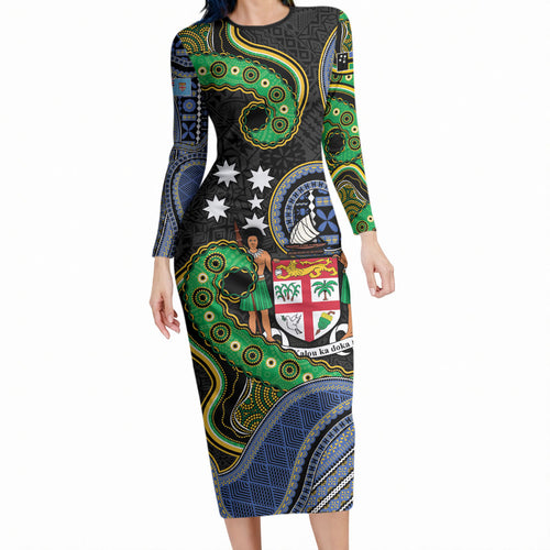 South Sea Islanders And Fiji Long Sleeve Bodycon Dress Fijian Coat Of Arms And Southern Cross