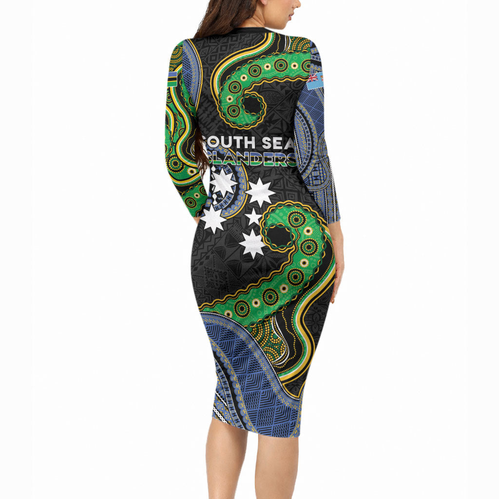 South Sea Islanders And Fiji Long Sleeve Bodycon Dress Fijian Coat Of Arms And Southern Cross