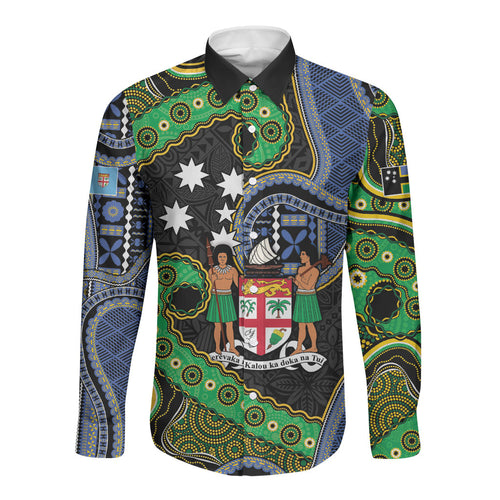 South Sea Islanders And Fiji Long Sleeve Button Shirt Fijian Coat Of Arms And Southern Cross