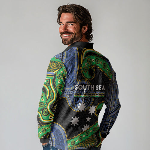 South Sea Islanders And Fiji Long Sleeve Polo Shirt Fijian Coat Of Arms And Southern Cross