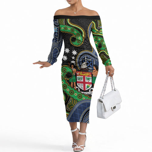 South Sea Islanders And Fiji Off The Shoulder Long Sleeve Dress Fijian Coat Of Arms And Southern Cross