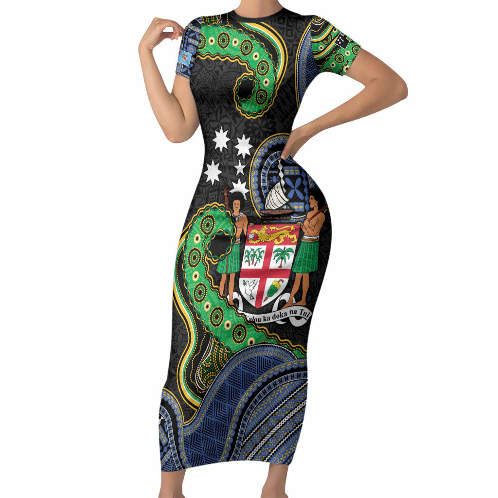 South Sea Islanders And Fiji Short Sleeve Bodycon Dress Fijian Coat Of Arms And Southern Cross