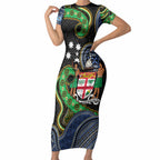 South Sea Islanders And Fiji Short Sleeve Bodycon Dress Fijian Coat Of Arms And Southern Cross