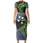 South Sea Islanders And Fiji Short Sleeve Bodycon Dress Fijian Coat Of Arms And Southern Cross