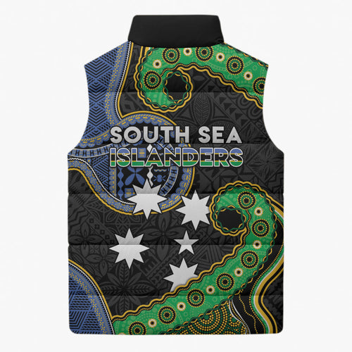 South Sea Islanders And Fiji Sleeveless Puffer Jacket Fijian Coat Of Arms And Southern Cross