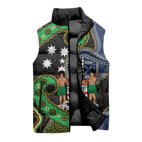 South Sea Islanders And Fiji Sleeveless Puffer Jacket Fijian Coat Of Arms And Southern Cross