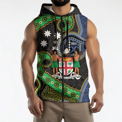 South Sea Islanders And Fiji Sleeveless Zip Hoodie Fijian Coat Of Arms And Southern Cross