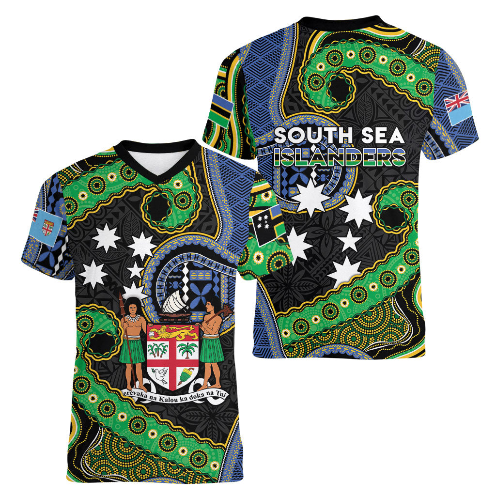 South Sea Islanders And Fiji Women V-Neck T-Shirt Fijian Coat Of Arms And Southern Cross