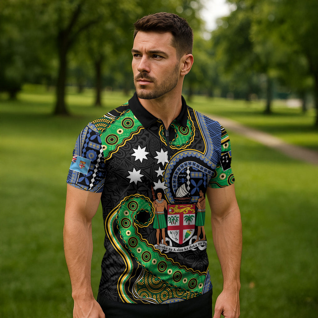 South Sea Islanders And Fiji Zipper Polo Shirt Fijian Coat Of Arms And Southern Cross