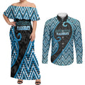Custom Aotearoa Atua Ranginui Couples Matching Off Shoulder Maxi Dress and Long Sleeve Button Shirt Maori Sky Father Koru Patterns