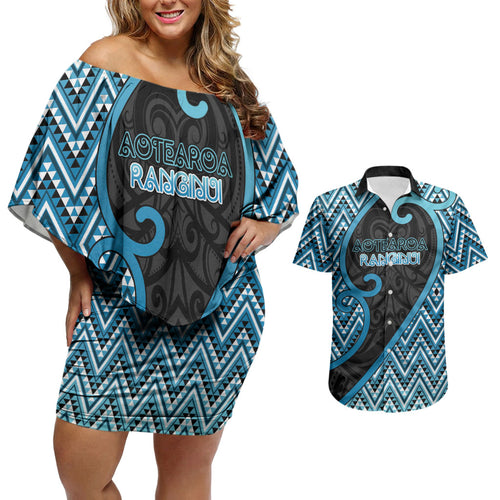 Custom Aotearoa Atua Ranginui Couples Matching Off Shoulder Short Dress and Hawaiian Shirt Maori Sky Father Koru Patterns