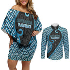 Custom Aotearoa Atua Ranginui Couples Matching Off Shoulder Short Dress and Long Sleeve Button Shirt Maori Sky Father Koru Patterns