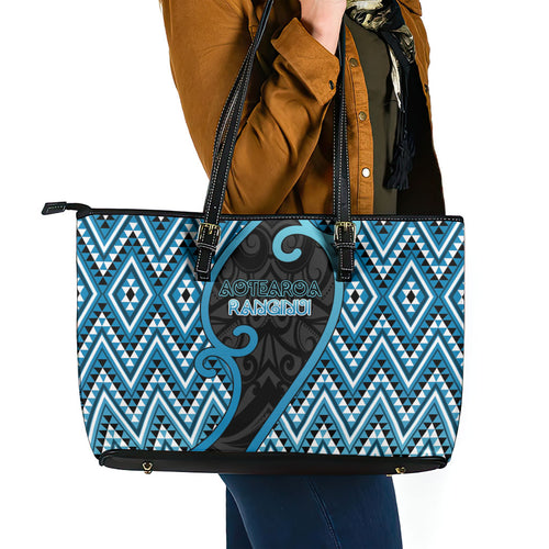 Aotearoa Atua Ranginui Leather Tote Bag Maori Sky Father Koru Patterns