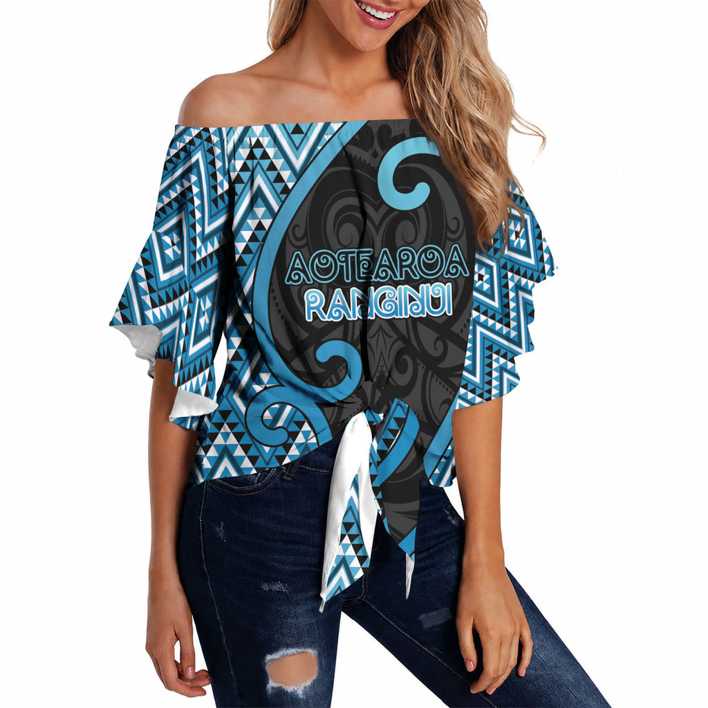 Custom Aotearoa Atua Ranginui Off Shoulder Wrap Waist Top Maori Sky Father Koru Patterns