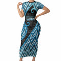 Custom Aotearoa Atua Ranginui Short Sleeve Bodycon Dress Maori Sky Father Koru Patterns