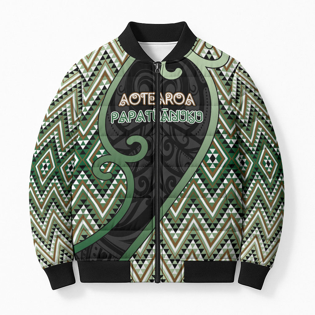 Custom Aotearoa Atua Papatuanuku Bomber Puffer Jacket Earth Mother Father Koru Patterns