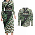 Custom Aotearoa Atua Papatuanuku Couples Matching Long Sleeve Bodycon Dress and Long Sleeve Button Shirt Earth Mother Father Koru Patterns