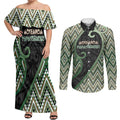 Custom Aotearoa Atua Papatuanuku Couples Matching Off Shoulder Maxi Dress and Long Sleeve Button Shirt Earth Mother Father Koru Patterns