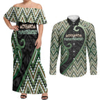 Custom Aotearoa Atua Papatuanuku Couples Matching Off Shoulder Maxi Dress and Long Sleeve Button Shirt Earth Mother Father Koru Patterns