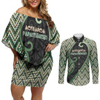 Custom Aotearoa Atua Papatuanuku Couples Matching Off Shoulder Short Dress and Long Sleeve Button Shirt Earth Mother Father Koru Patterns