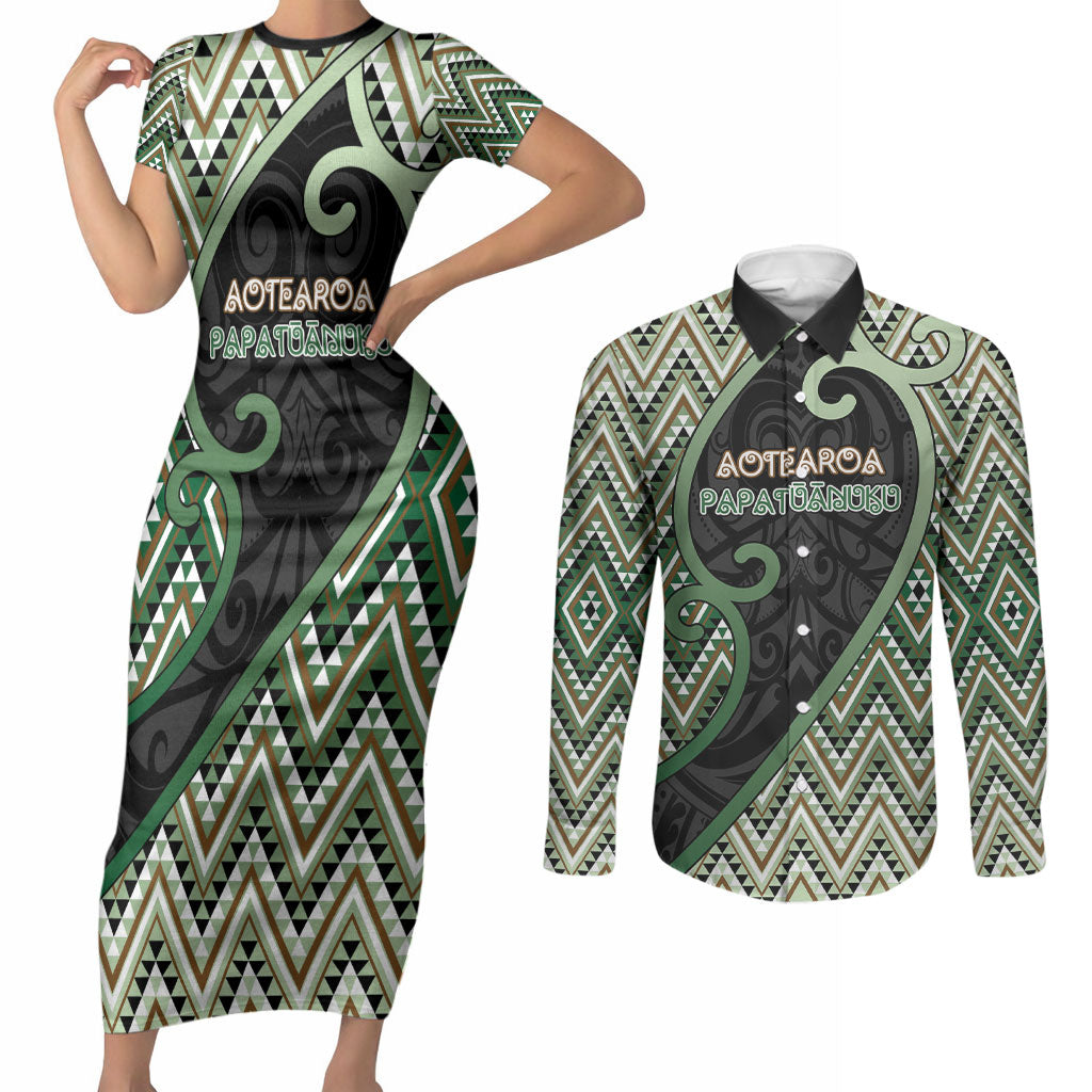 Custom Aotearoa Atua Papatuanuku Couples Matching Short Sleeve Bodycon Dress and Long Sleeve Button Shirt Earth Mother Father Koru Patterns