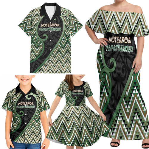 Custom Aotearoa Atua Papatuanuku Family Matching Off Shoulder Maxi Dress and Hawaiian Shirt Earth Mother Father Koru Patterns