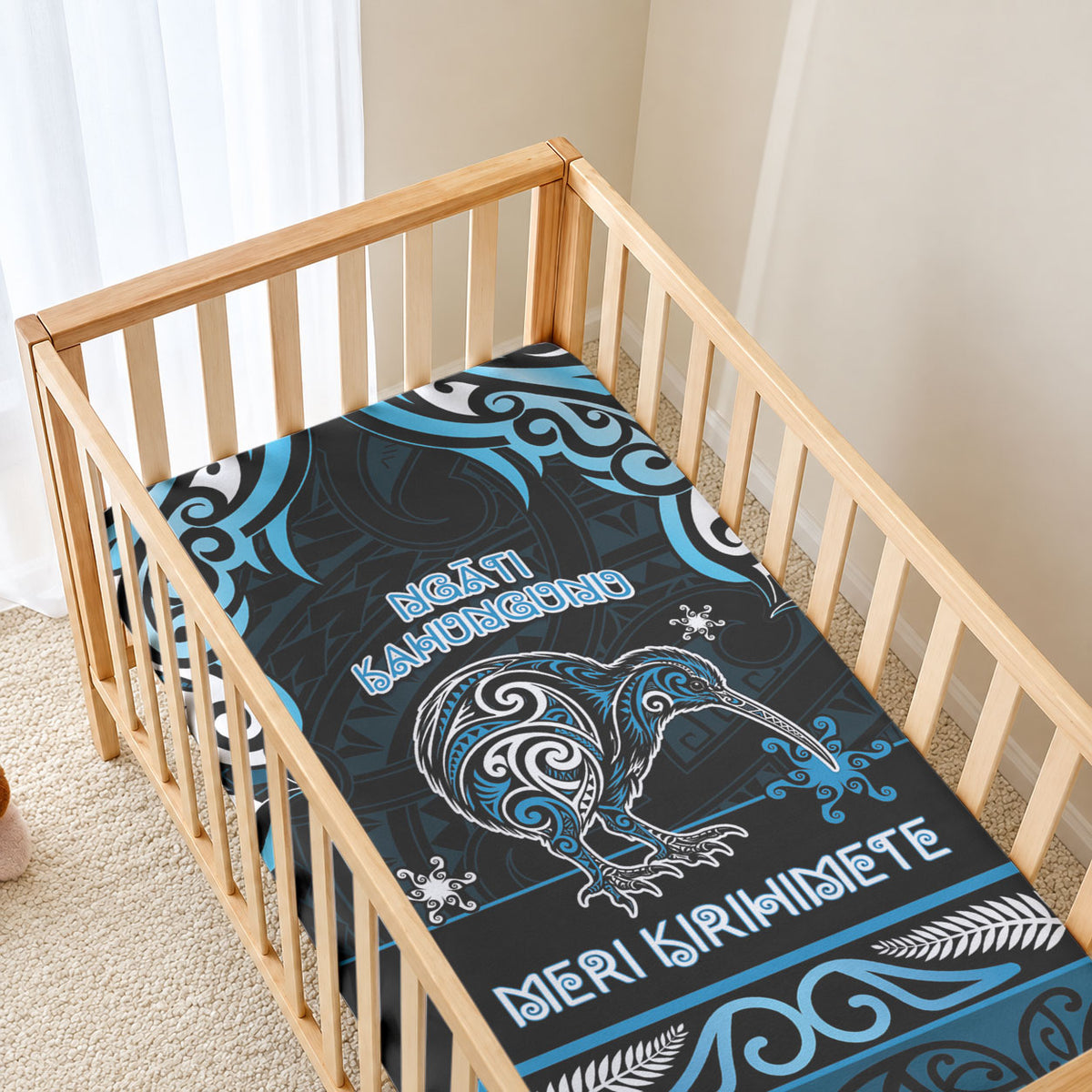 Ngati Kahungunu Aotearoa Meri Kirihimete Baby Bed Cover Maori Kiwi Bird Silver Fern Koru Pattern