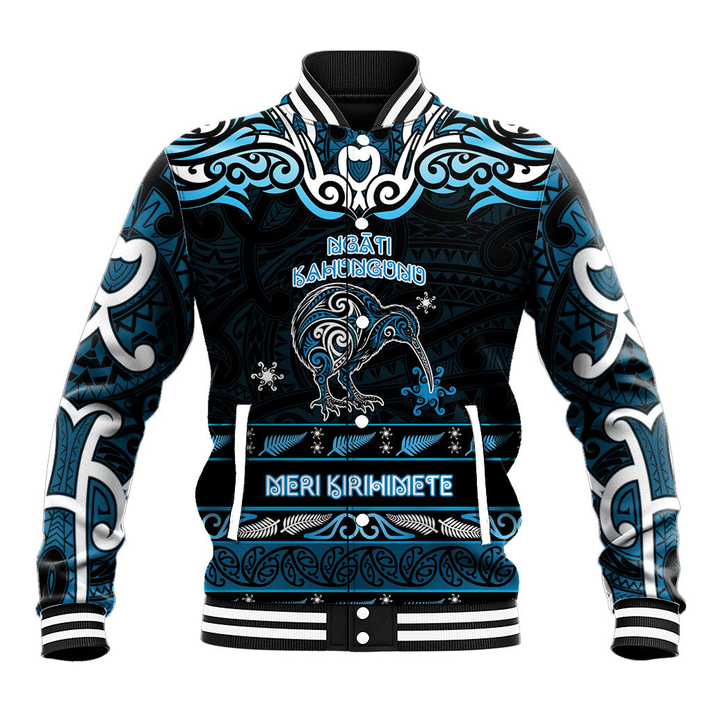 Personalised Ngati Kahungunu Aotearoa Meri Kirihimete Baseball Jacket Maori Kiwi Bird Silver Fern Koru Pattern